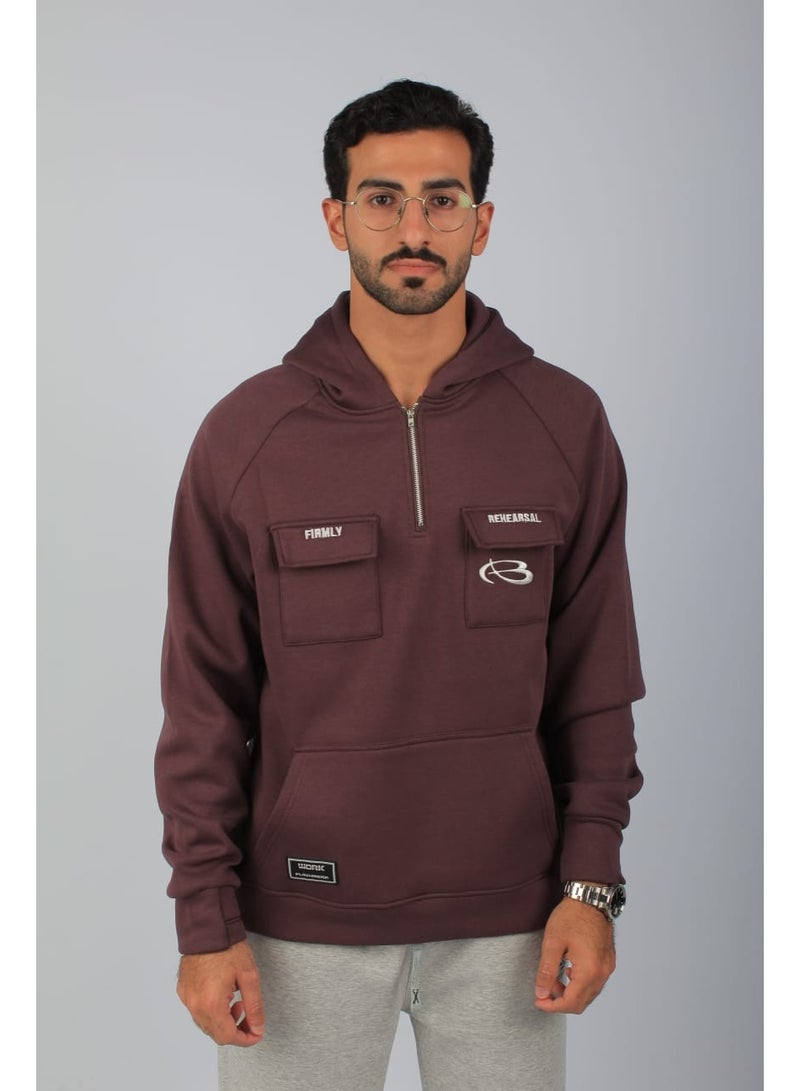 Red Planet A distinctive and elegant burgundy fleece hoodie with a finger hole. - Image 3